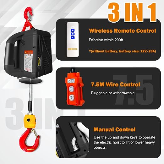Power Electric Portable Hoist Winch 1100LBS, 3 in 1 Electric Cable Hoist 110V 25 FT with Lifting Strap, Electric Hoist Lift Ceiling Winch for Lifting Towing