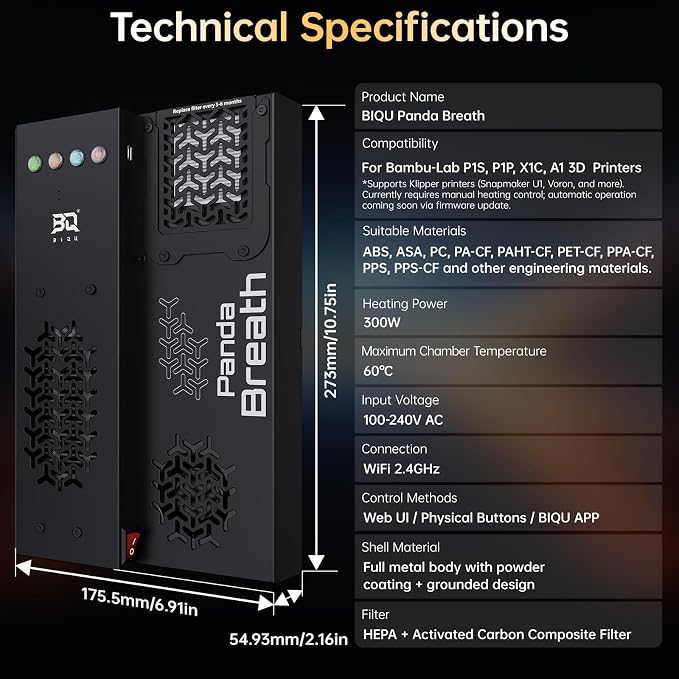 BIQU Panda Breath Smart Chamber Heater & Air Filter & Filament Drying for Bambu-Lab P1P, P1S, X1C, A1, Snapmaker U1, Voron, Trident, VZBot 3D Printers