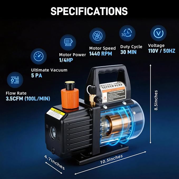 3.5 CFM 1/4 HP HVAC Vacuum Pump | Single Stage, for Auto AC & HVAC, Compatible with R12 R22 R134a R410a R502, Oil Included