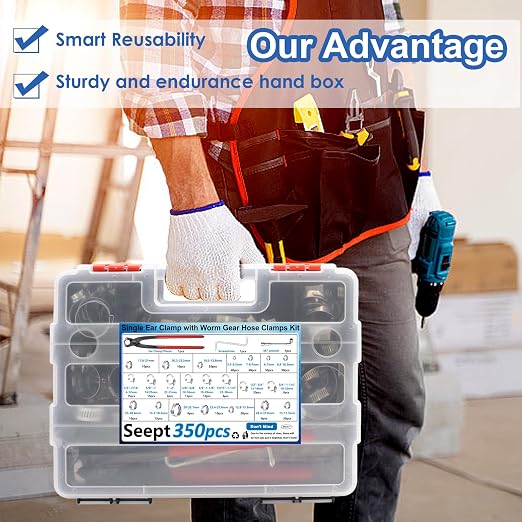 350Pcs 5.3-51mm Single Ear Hose Clamps with Worm Gear Hose Clamps Assortment Kit Pack in Handheld Box for Auto/Home Appliance/Pipe/Fuel Line