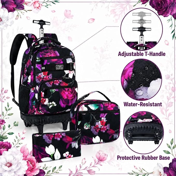 3Pcs Rolling Backpack for Girls Women, Travel Roller Backpacks with Wheels for Adults, Teens College Rose Wheeled Bookbag with Lunch Box(Black)
