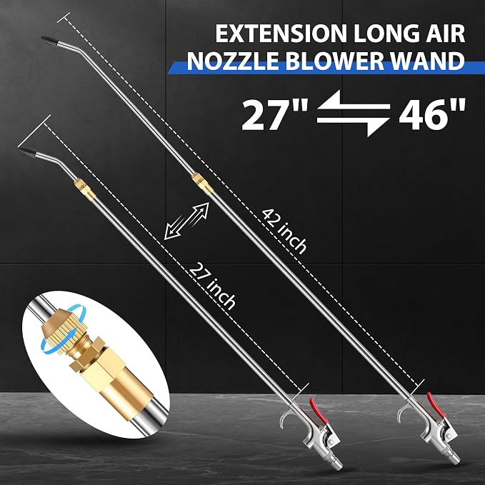 Long Reach Pneumatic Air Blow Gun, Extension Air Nozzle Blower Wand Fit 1/4" NPT Inlet & Lever Grip, Heavy Duty Industrial Blow Gun Pneumatic Tool for Radiator Compressor(27-42 Inch)