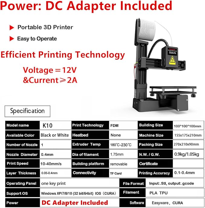 Portable 3D Printer - Compact FDM 3D Printer with Removable Build Plate, PLA & TPU Filament Compatibility, 0.4mm Nozzle, 100x100x100mm Build Volume, Easy-to-Use Design for Beginners