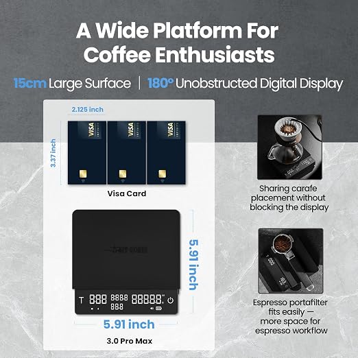 MHW-3BOMBER Extra-Large Coffee Scale with Timer, 5.9 * 5.9in, Digital Pour-Over Scale with Flow Rate, 2kg/0.1g Espresso Scale, 3-Brew Mode, Rechargeable Coffee Bean Weight Scale,Black,ES5663