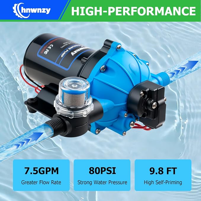 80PSI 7.5GPM Washdown Pump Kit, 12V Self-Priming Marine RV Water Pump with Pressure Switch, Strainer, Coiled Hose & Adjustable Nozzle for RV, Boat, Yacht, Camper, Travel Trailer and Sprayer