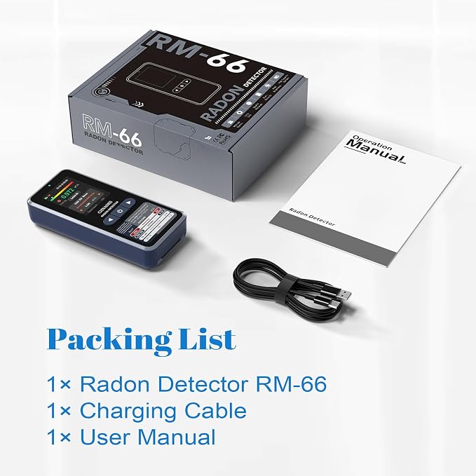 RM-66 Radon Detector for Home, Portable Radon Monitor with TFT Color Display, Audible & Visual Alarm, Easy-to-Use, Rechargeable Type-C, Long-Term Monitoring in pCi/L or Bq/m³