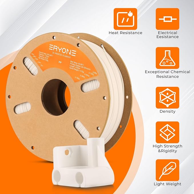 ERYONE Polypropylene Filament 1.75mm +/-0.03mm, Semi-Flexible & Ultra Tough, Chemical-Resistant,PP 3D Printing Filament, 900g/Spool, White