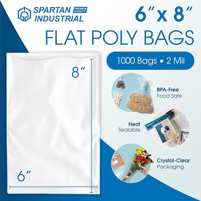 6" X 8" Open-End Flat Poly Bags (1000 Count) - 2 Mil Clear Heat-Sealable Plastic Bags for Packaging, Shipping, Storage - No Adhesive Strip - Spartan Industrial