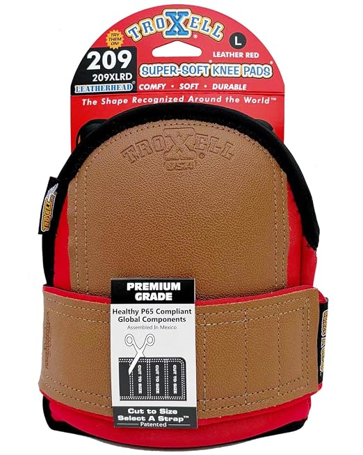 TROXELL USA Super-Soft Large Leatherhead Red Knee Pads - Comfortable, Adjustable, Washable Kneepads