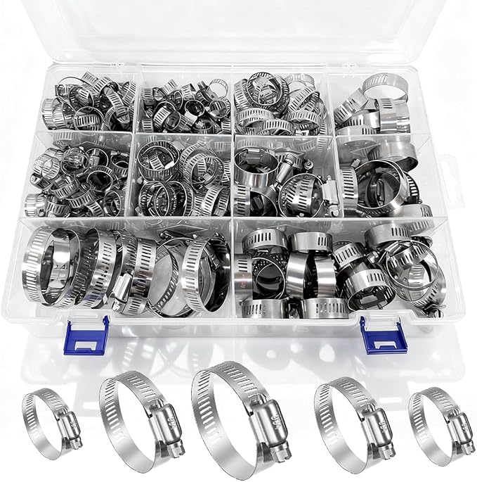 210pcs Stainless Steel Worm Gear Hose Clamps with Size 1/4"-2"(6-51mm) | Small Hose Clamp Assortment Kit Hose Fitting Clamps for Automotive Fuel Lines, Pipe, Radiator, Hoses, HVAC