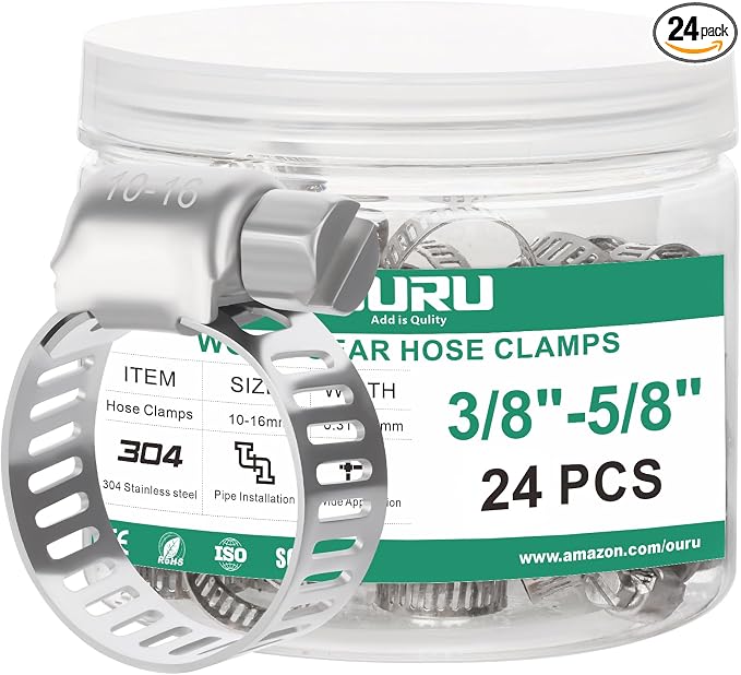 OURU 24PCS Hose Clamps Stainless Steel Adjustable 3/8"– 5/8"(10-16mm) Worm Gear Hose Clamp, Heavy Duty Metal Small Hose Clamps for Automotive, Pipe, Radiator Plumbing, Fuel Line