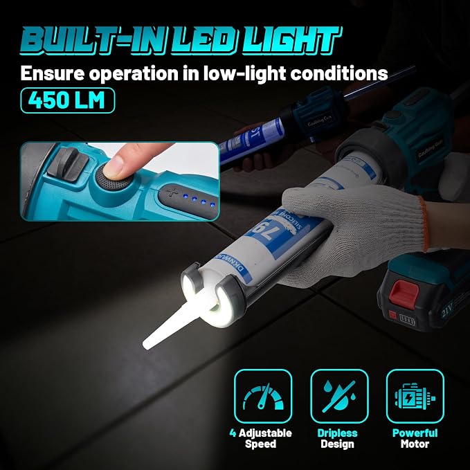 Electric Caulking Gun Cordless with 21V 2 * 2000mAh Rechargeable Batteries, 4 Adjustable Speeds up to 190 mm/min, 450LM built-in LED Light, 9 Pcs Silicone Caulking Tools set for Filling, Sealing