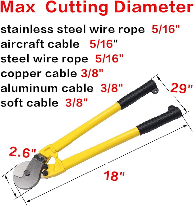 Acescen Hardened Steel Cable Cutters 18" Heavy Duty Industrial Strength Hand Tool Wire Cutters with Tapered Jaws Strong Cutting Plier for 5/16" Stainless Steel Wire Rope Cables A13