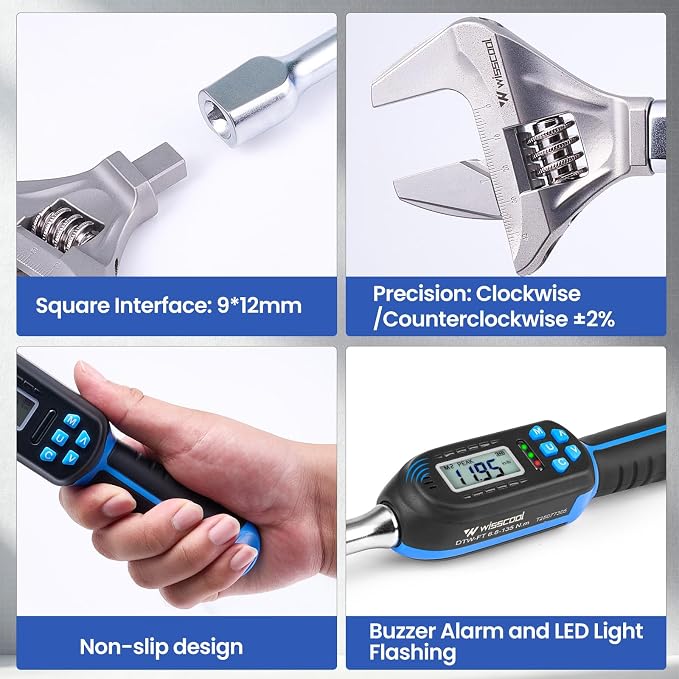 Wisscool Adjustable Digital Torque Wrench, 5-99.6 ft.lb/6.8-135 N.m, Hvac Torque Wrench with 42mm Jaw, ±2% Accuracy, Vibration, Buzzer and LED Indicator for Split AC, Moto, Car