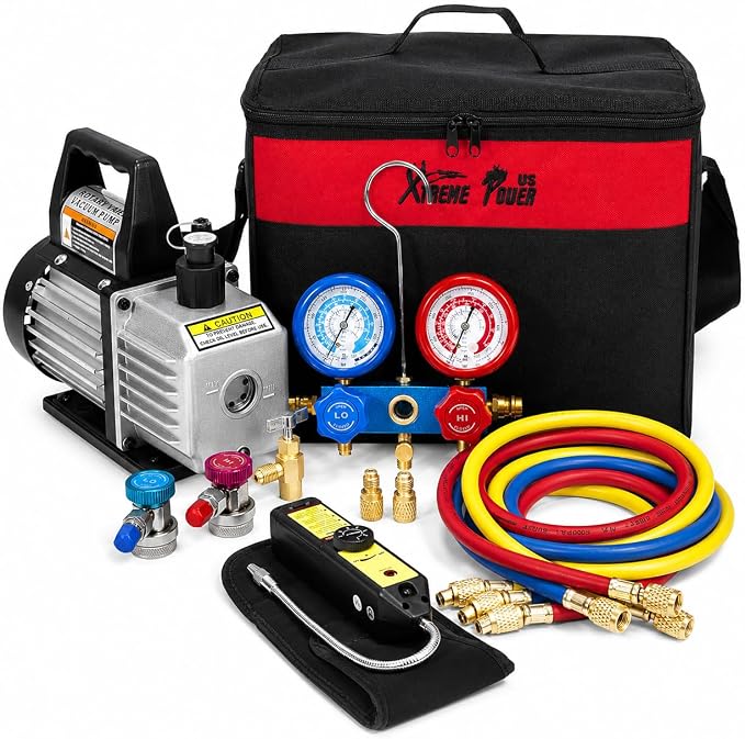 XtremepowerUS 4CFM Vacuum Pump R134a R22 R32 R410A A/C Manifold Gauge Can Tap Manifold Gauge with Leak Detector Carry Bag for HVAC Air Conditioning Refrigeration Recharging