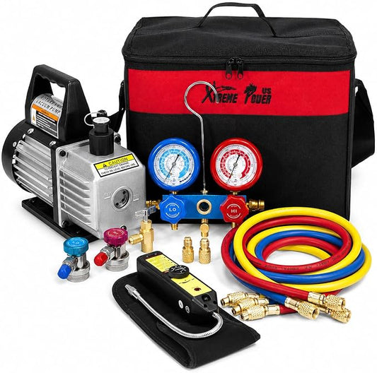 XtremepowerUS 4CFM Vacuum Pump R134a R22 R32 R410A A/C Manifold Gauge Can Tap Manifold Gauge with Leak Detector Carry Bag for HVAC Air Conditioning Refrigeration Recharging