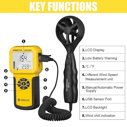 AIOMEST Pro HVAC Anemometer- Air Flow Velocity Meter AI-826A 0.001~100Mph Wind Speed Gauge,Handheld Wind Tester Measuring Airflow Movement Temp with Max AVG Current