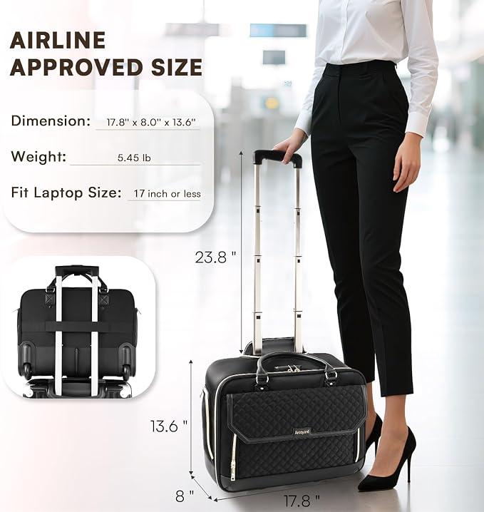 Arcoyard Rolling Laptop Bag Women, Rolling Briefcase for Women for Work, 17 Inch Computer Bag with Wheels, Fashion Flap Laptop Bag With Wheels for Work Business, TSA Friendly Design, Black