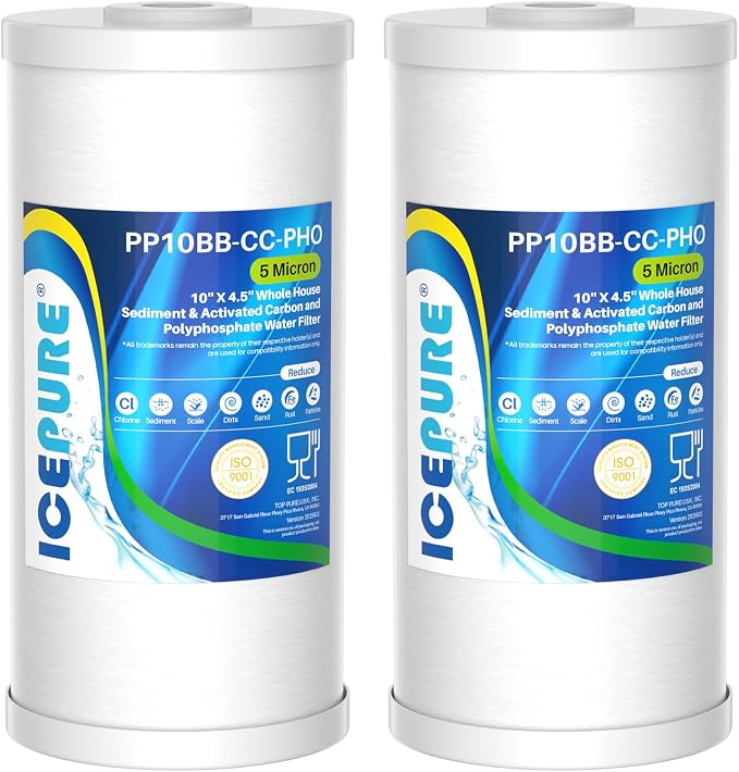 ICEPURE 5 Micron 10" x 4.5" Whole House Sediment Activated Carbon and Anti Scale Water Filter Compatible with GE FXHTC, GXWH40L, Whirlpool WHKF-GD25BB GXWH35F Dupont WFHD13001 RFC-BBSA W50PEHD, 2PACK