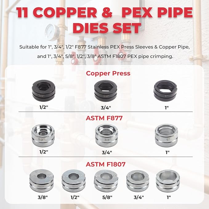 Pipe Press Tool,Hydraulic Crimping Tool with 1/2", 3/4", 1" Dies for Copper Pipe and F877 Stainless PEX Press Sleeves, 3/8",1/2",5/8",3/4",1" Dies for ASTM F1807 Pex Pipe Copper Ring