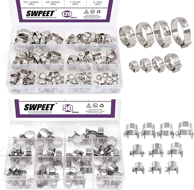 Swpeet 170Pcs Single Ear Hose Clamps and 304 Stainless Steel Hose Clamps