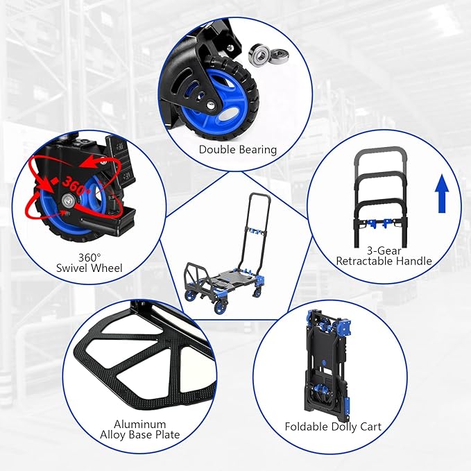 2-in-1 Hand Truck Dolly, 330LB Heavy Duty Carrying Portable Handtruck, Folding Hand Dolly with 4 Wheels&Retractable Handle for Moving, Luggage, Shopping, Office