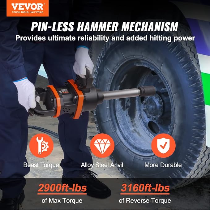 VEVOR 1 Inch Air Impact Wrench, Up to 3160 ft-lbs High Reverse Torque Output 1" Pneumatic Impact Gun w/ 8 Inch Extended Anvil & Carrying Case for Heavy Duty Repairs and Maintenance