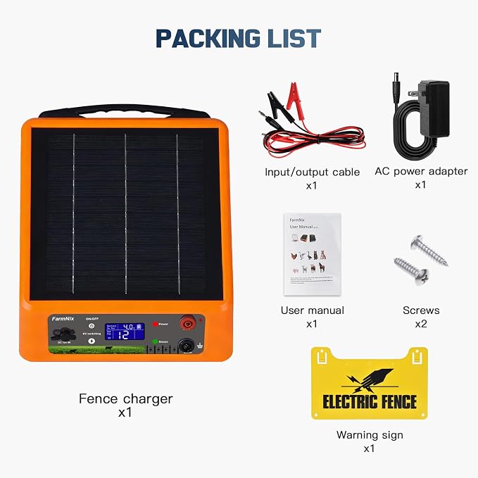 20 Miles Solar Powered Electric Fence, 6-12KV Adjustable Output Solar Charger, 2 Joules Pulse Energy,24H Solar Powered Electric Fence Kit Suitable for Pets,Poultry,Ranches and Gardens