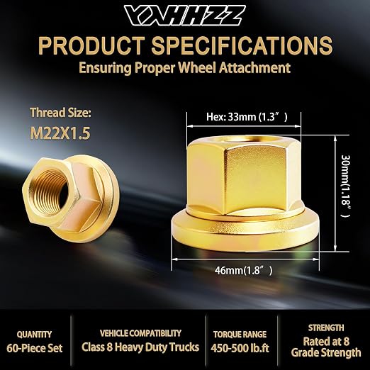 60PCS M22x1.5 Truck Wheel Nut, Hex:33mm, 30.48 mm Length, Fit for Heavy Duty Truck, Aluminum or Steel Wheels Installed on Semi Trucks