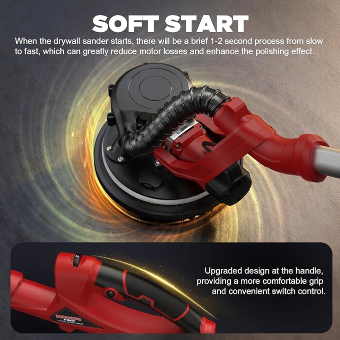 Drywall Sander with Vacuum Dust Collector, 1200W 5 Variable Speed 800-2100RPM Upgraded Popcorn Ceiling Removal Tool, Lijadora Para Drywall Popcorn Ceiling Remover with Extendable Handle