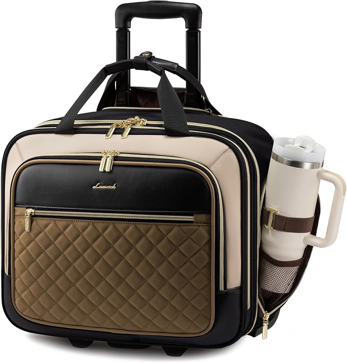 LOVEVOOK Rolling Laptop Bag Women, 17.3 Inch Laptop Briefcase with Wheels for Work Travel Business, Underseat Carry On Luggage Case,Khaki-Apricot