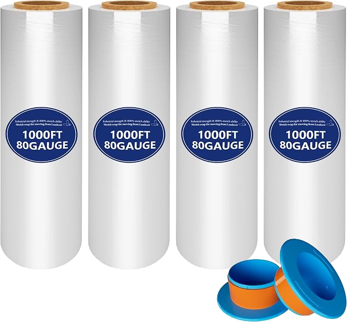 4Pack 18inx1000Ft 80Gauge Industrial Stretch Wrap Film for Pallet Heavyduty | stretch wrap Film-800% stretch secures pallets,furniture & fragile items firmly,perfect for moving,storage,warehouse,shipping