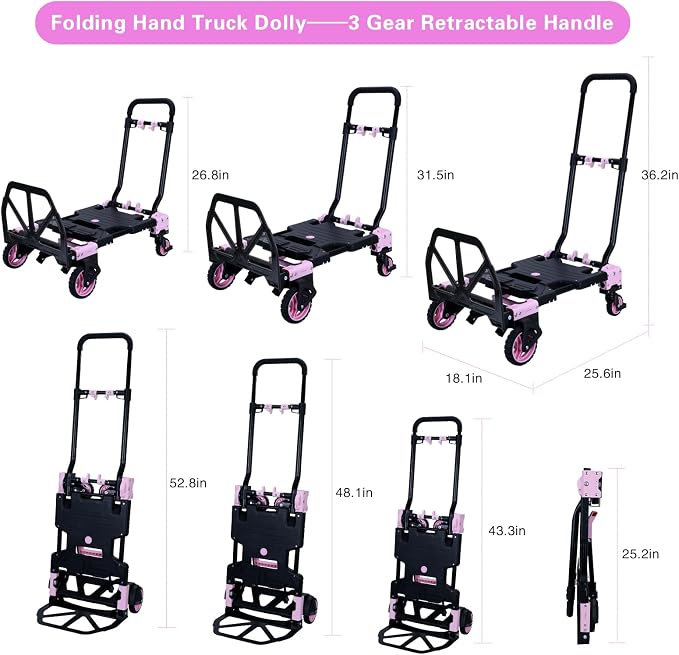 2 in 1 Folding Hand Truck,330LB Folding Dolly Cart with Wheels,Hand Truck Foldable with Telescoping Handle,Collapsible Portable Dolly with 2 Elastic Ropes for Moving(Pink)