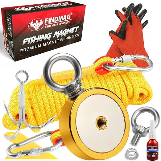FINDMAG 1725 lbs Neodymium Magnets Kit, 3.7" Diameter Fishing Magnet for Retrieving Items in River, Lake, Magnet Fishing Kit Heavy Duty with Hole, Fathers Day Gift for Dad