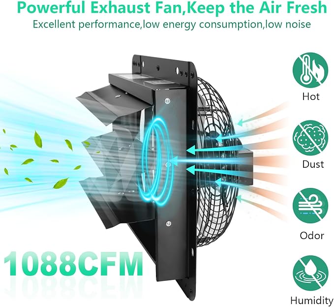 14 Inch Shutter Exhaust Fan,Wall Mount Louvered Exhaust Fan with ON/OFF Switch, Vent Fan for Greenhouse, Garage, Gable, Barn, Shed,Chicken Coops Ventilation Fans 1088 CFM,1750RPM