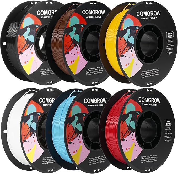 Comgrow PETG 3D Printer Filament 1.75mm, Dimensional Accuracy +/- 0.02 mm, Fit Most 3D Printers Black/White/Reddish-Brown/Light Blue/Yellow/Red