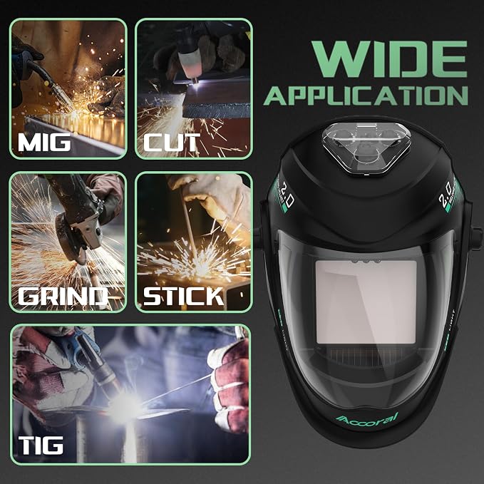 Panoramic View Auto Darkening Welding Helmet with Light，1/1/1/1 True Color Solar Powered Welding Hood Mask，4 Arc Sensor Wide Shade 4/5-9/-9-13 for TIG MIG ARC Cut,Grinding