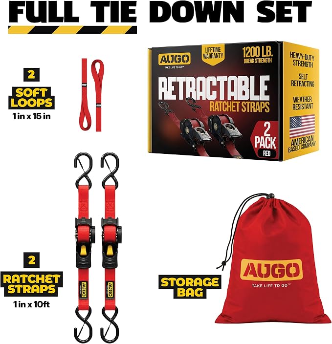 AUGO Retractable Ratchet Straps | 2 Heavy Duty Ratchet Straps Self Retractable Tie Downs with Soft Loops & Storage Bag for Motorcycle, Truck, Trailer, Cargo Van | 1200 Lb Break Strength 1” x 10’