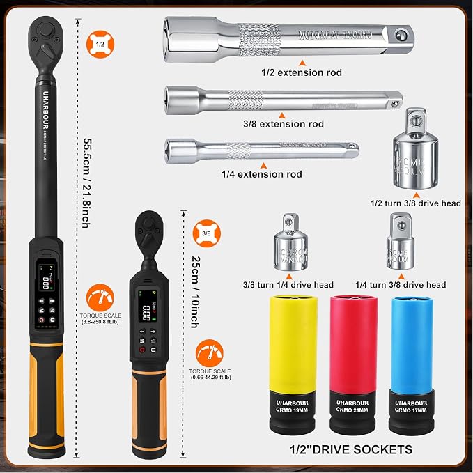 Uharbour Digital Torque Wrench Set, 1/2"&3/8" Torque Wrench Digital with Dual Direction Ratchet, 3.8-250.8 Ft.lb & 0.66-44.29Ft.lbs Range, ±1% Accuracy with Vibration, Buzzer and LED Alert
