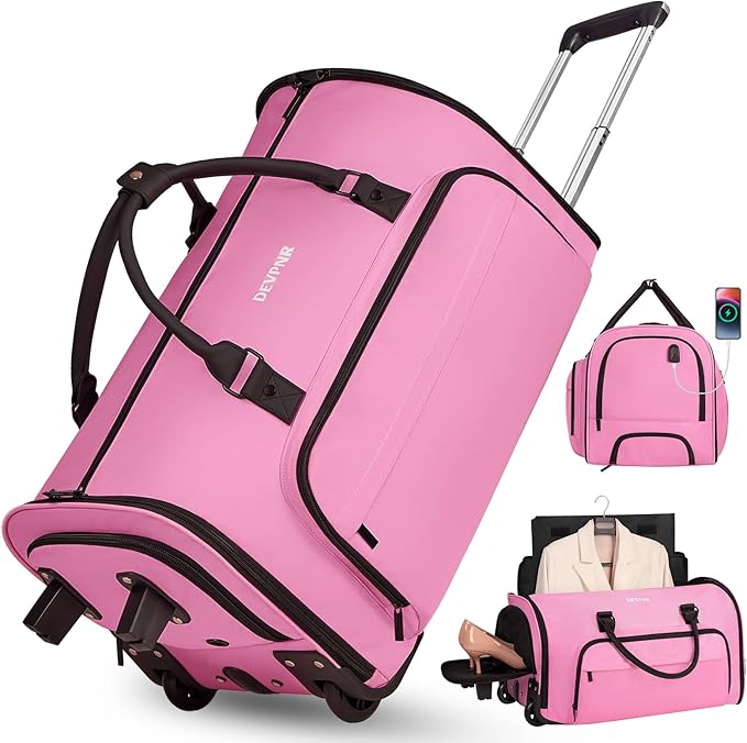 DEVPNR Rolling Garment Bags for Travel, 59L Rolling Duffle Bag with Wheels and Shoe Compartment for Men and Women, 3 in 1 Carry on Convertible Travel Garment Bag with Wheels, Pink