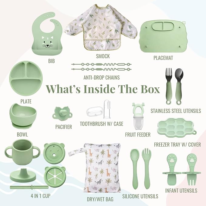 MONDE 25PCS Ultimate Silicone Baby Feeding Set, Complete Mealtime Baby-Led Weaning Essentials From Infant To Toddler, Bib, Smock, Sippy Cup, Dry Wet Bag, Placemat, Perfect Premium Gift Set (Green)