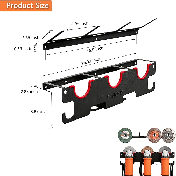 Angle Grinder Holder Wall Mount - Heavy Duty Tool Storage Rack for 5" Grinder, Impact Wrench & Polisher, with Cord Management Hooks & Disc Hooks, Ideal for Workshop & Garage Tool Organization