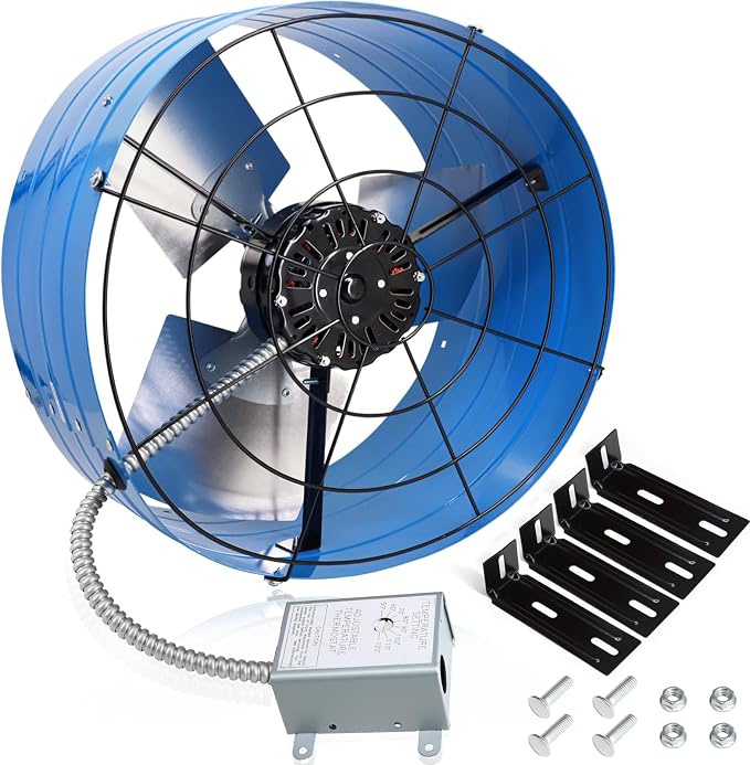 Criditpid 16 Inch Gable Mount Vent Attic Fan, Exhaust Ventilation Fan with Adjustable Thermostat for Gable, Home, Shed, Garage, Portable Building, 4A, 1050RPM, 1945CFM, Blue.