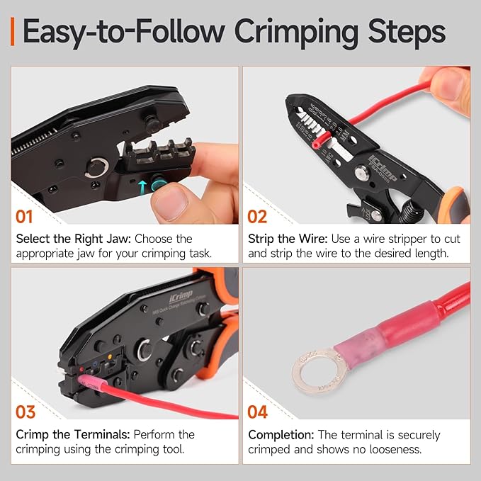 iCrimp Ratcheting Crimping Tool Set 8 PCS - Quick Exchange Jaw for Heat Shrink, Open Barrel, Insulated and Non-Insulated Ferrules AWG 20-2