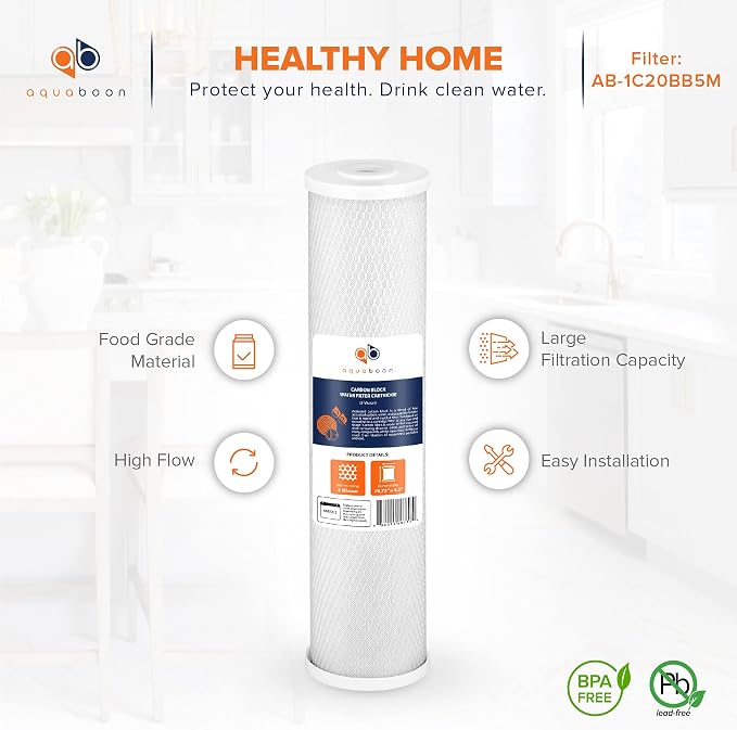 Aquaboon 4.5 x 20 Carbon Block Filter Cartridge Large - 5 Micron Whole House Water Filter Replacement Remove Chlorine Taste Odors Compatible with FC25B, EPM-20BB, CB-BB-20, 155783-43 (1 Pack)