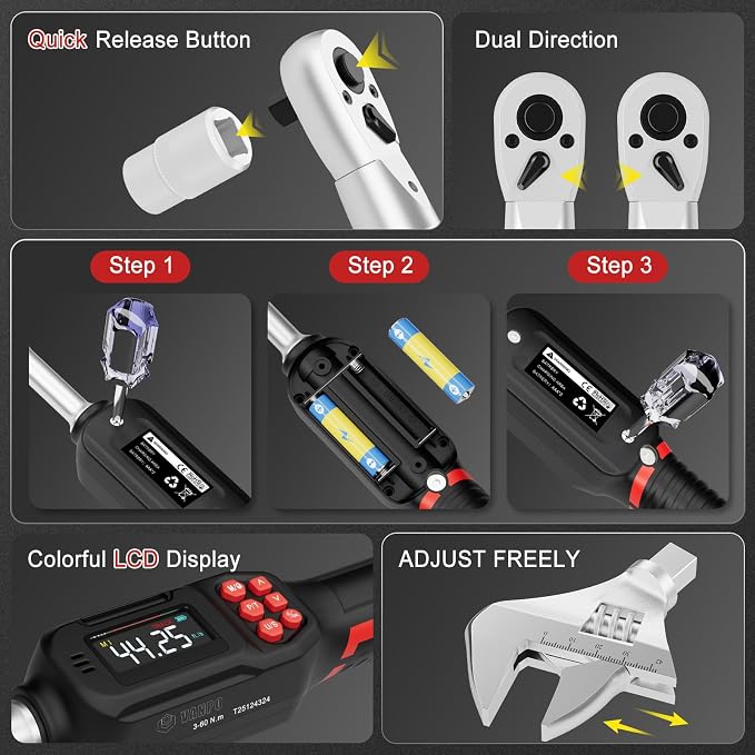 VANPO Adjustable Digital Torque Wrench, 2.2-44.3 Ft.lb/3-60Nm, ±2% Accuracy | Electronic Torque Wrench with 42mm Jaw and 3/8" Drive Ratchet, Buzzer, Vibration and LED Indicator for HVAC and Motorcycle
