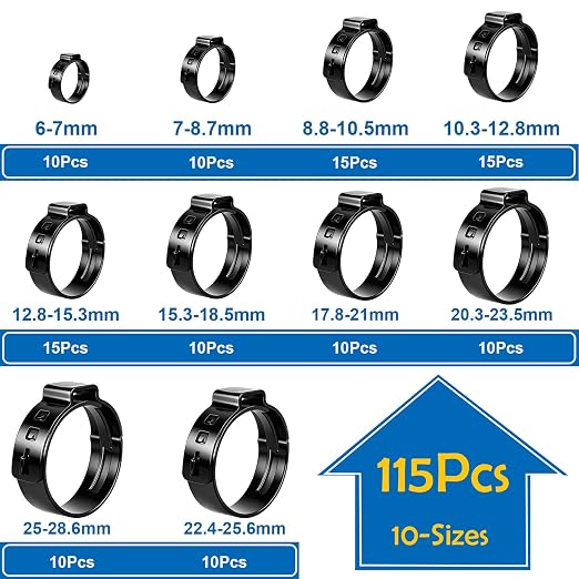 115Pcs 304 Stainless Steel Black Single Ear Hose Clamps with Ear clamp plier 6-28.6mm Crimp Hose Clamps Assortment Kit for Auto/Home Appliance/Pipe/Fuel Line Stepless hose clamp with pincer