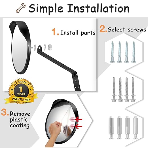 Convex Safety Mirror 𝟮𝟰" 𝗔𝗿𝗰𝘆𝗹𝗶𝗰 𝗗𝗿𝗶𝘃𝗲𝘄𝗮𝘆 𝗠𝗶𝗿𝗿𝗼𝗿, Outdoor Security Mirror Extends View with Adjustable for Bracket, Warehouse, Parking, Garage, Office, Home, Factory
