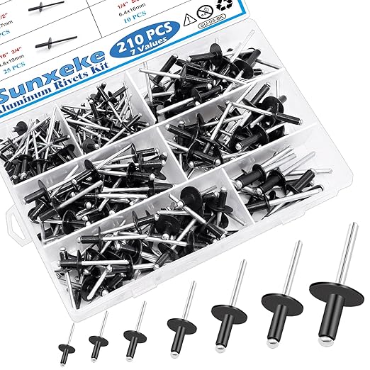 210PCS Black Pop Rivets Assortment Kit,Includes 7 Sizes Large Flange Aluminum Rivets (1/8 inch 3/16 inch 1/4 inch) for DIY, Automotive Repairs,and More.Assorted Blind Rivets with Case