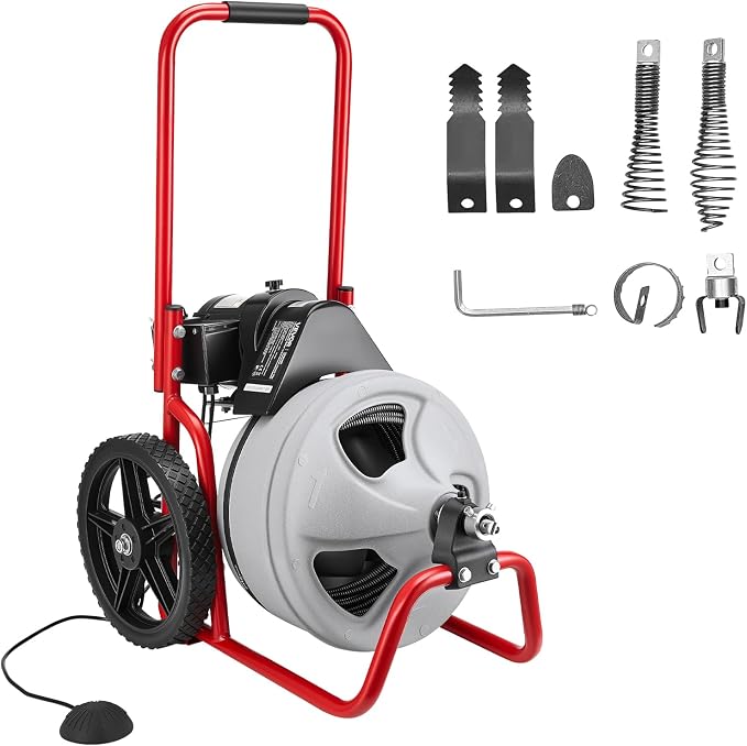 VEVOR Drain Cleaner Machine 75 FT x 3/8 Inch, Sewer Snake Auger Manual Feed on Wheels, Portable Drain Cleaning Machine with 6 Cutters & Air-activated Foot Switch for 2" to 4" Pipes